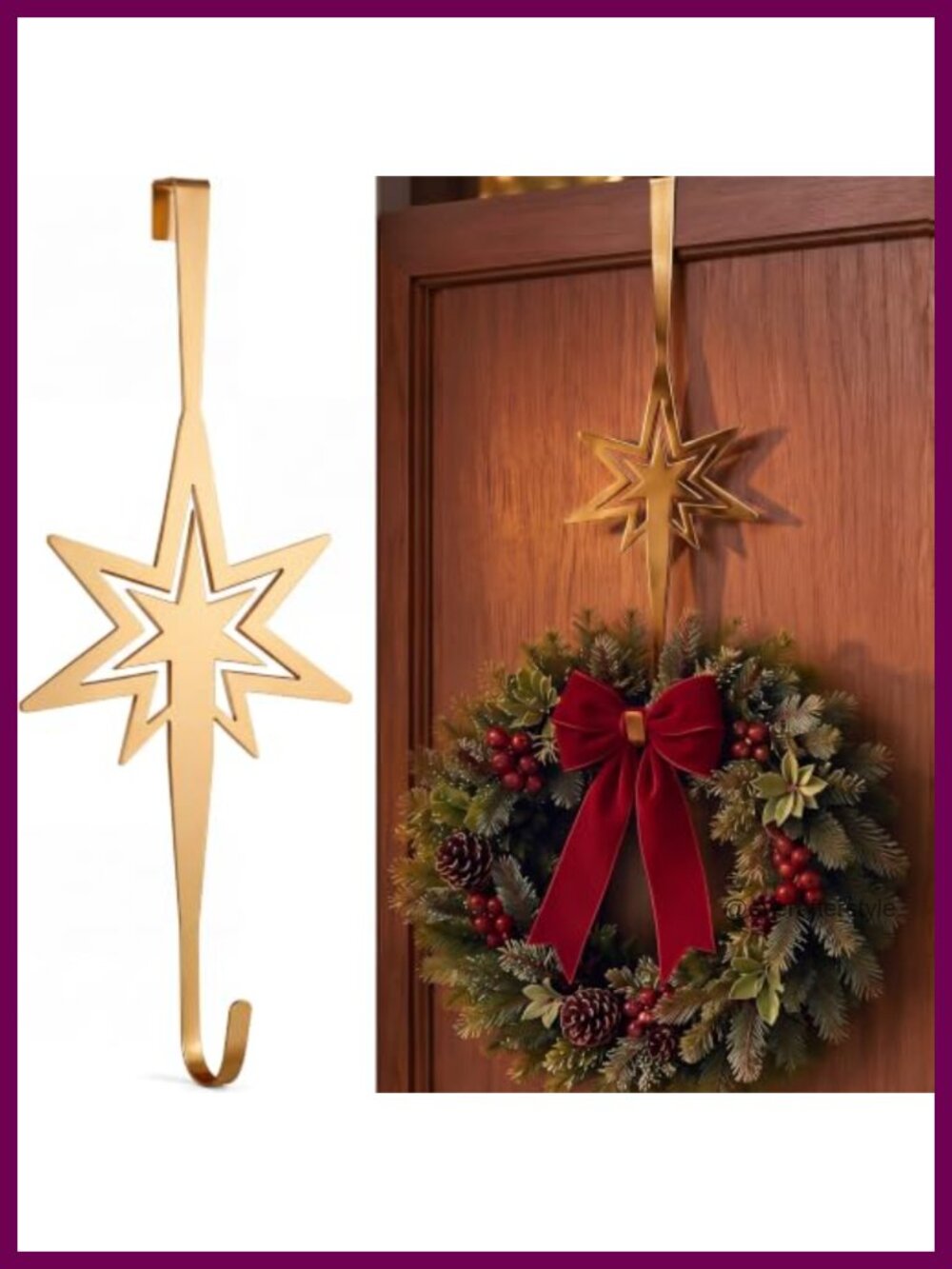 13" Metal Christmas Wreath Hanger Bethlehem Star Door Hook Gold